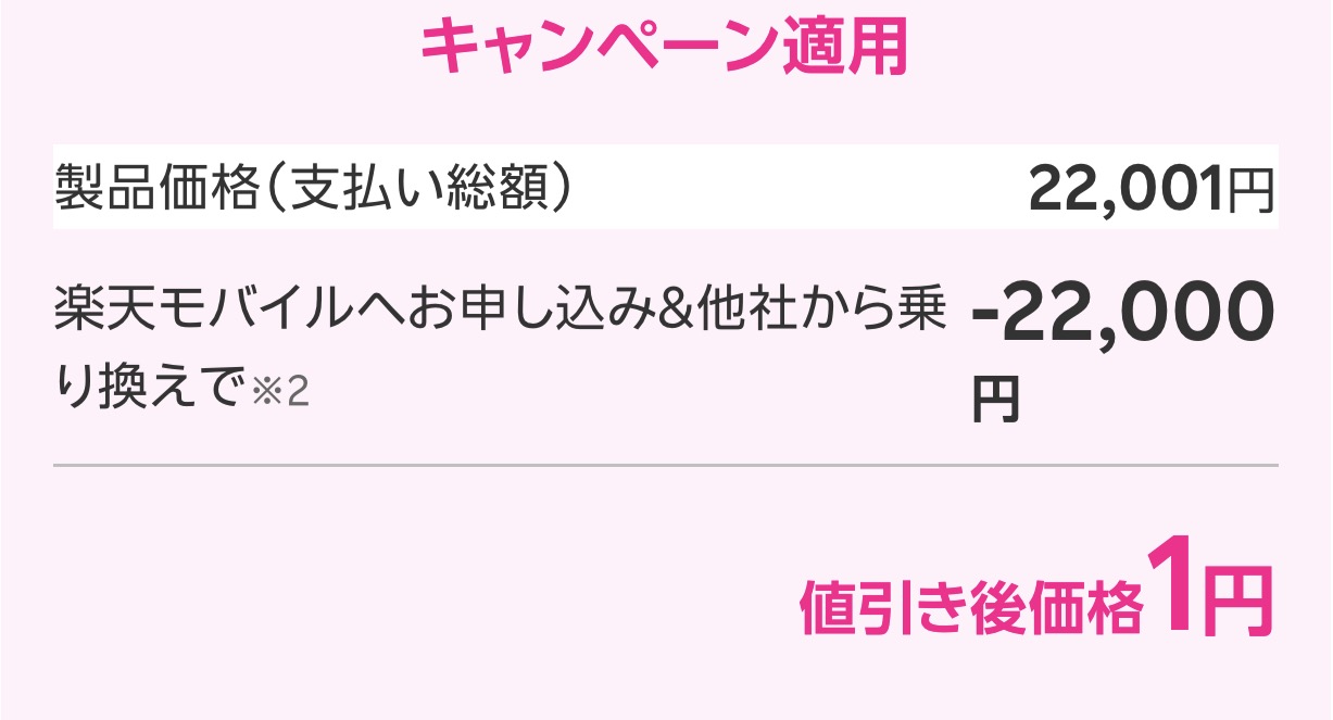 楽天モバイルへお申し込み＆乗り換えで-22,000円。割引適用後円