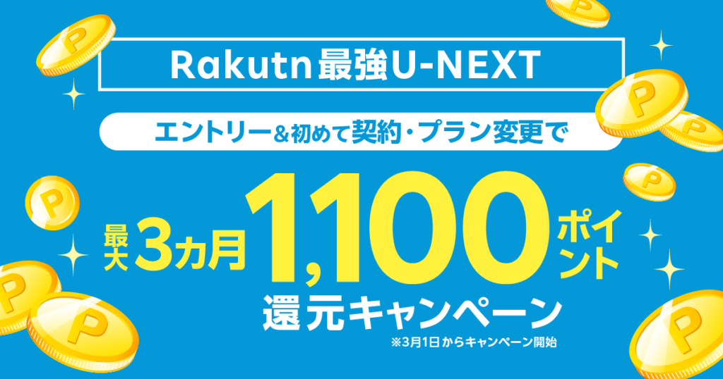 楽天モバイルRakuten最強U-NEXT３ヶ月間1100ポイント還元キャンペーン